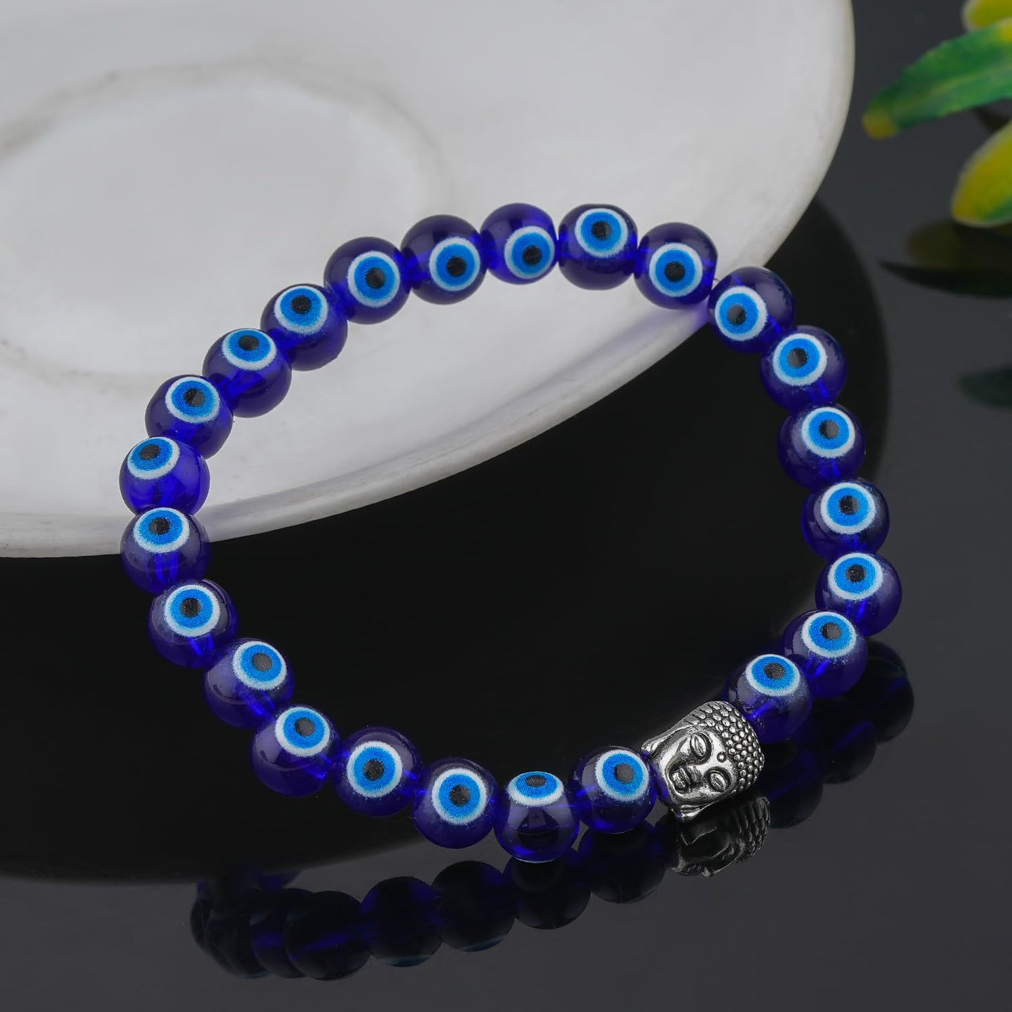 CRYSTALINES Buddha Charm Stretchable Braceclet, Blue Evil Eye Gemstone Beads, Plain Round Stones, Handmade Boho Strech Bracelet, Adjustable Spiritual Healing Crystal Unisex Jewelry Gift