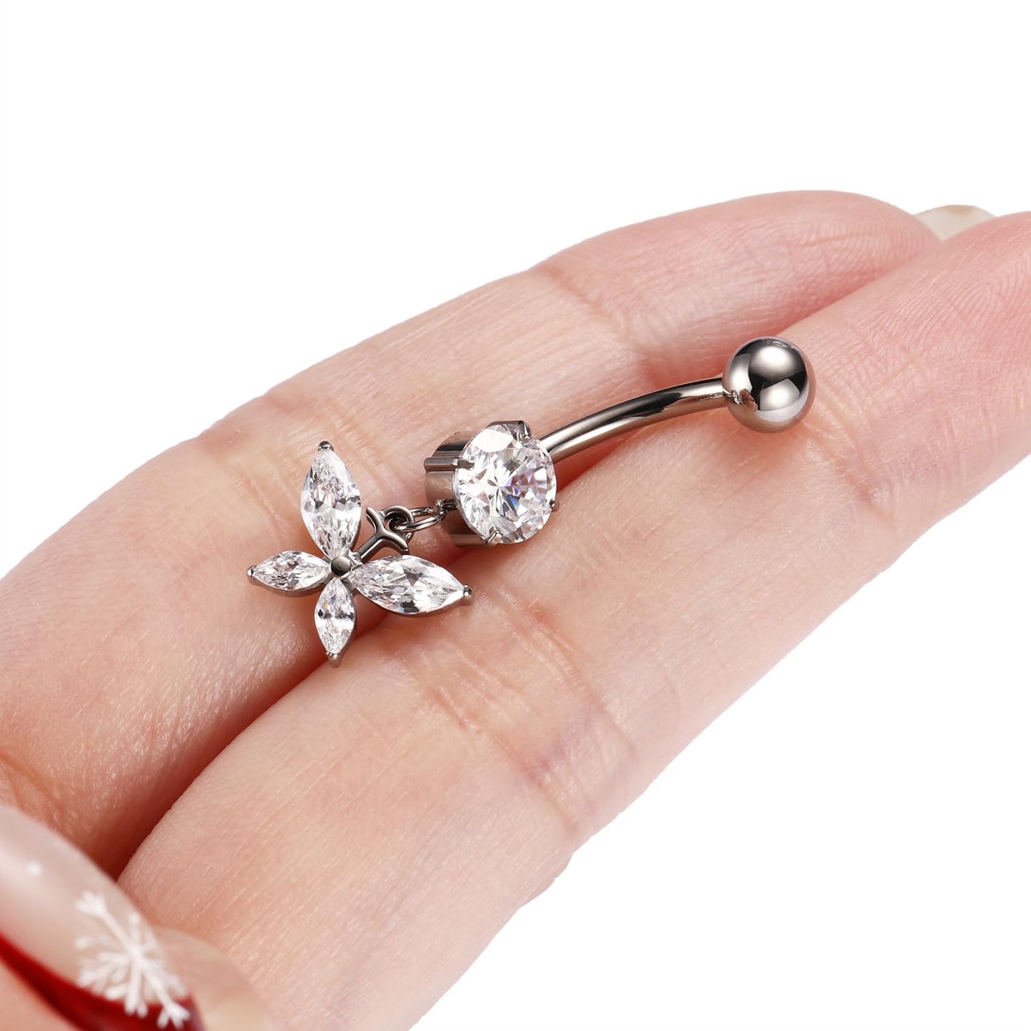 PEAKLINK 14G Belly Button Ring 10mm Dangle Belly Jewelry Internally Threaded Navel Piercing Silver for Women Titanium Curved Belly Barbell with Butterfly CZ Navel Bars