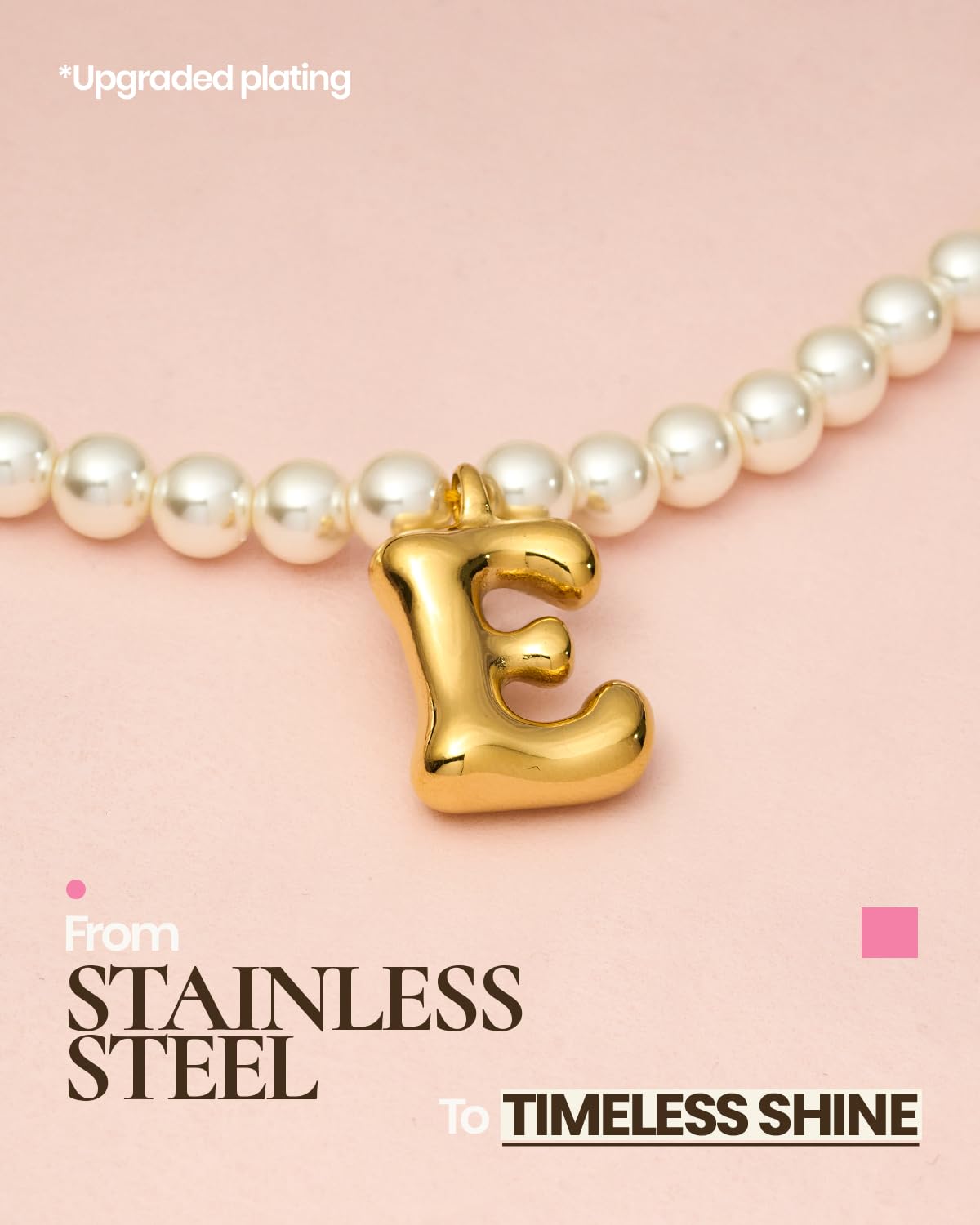 DoDoBeads Pearl Initial Necklace, 18K Gold Plated Stainless Steel Balloon Letter Pendant E, Non-Tarnish Waterproof Chunky Monogram Jewelry Gifts for Women Teens