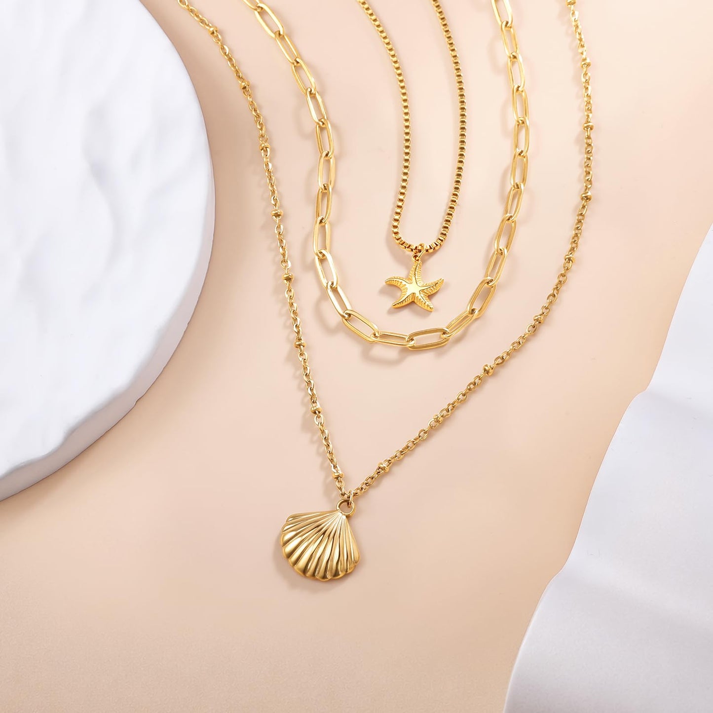 Shell Necklace for Women, 14k Gold Layered Starfish SeaShell Pendant Charm Necklace,Dainty Non Tarnish Waterproof Adjustable Silver Choker Paperclip Necklaces Stack Jewelry for Summer Beach Vacation (Gold)