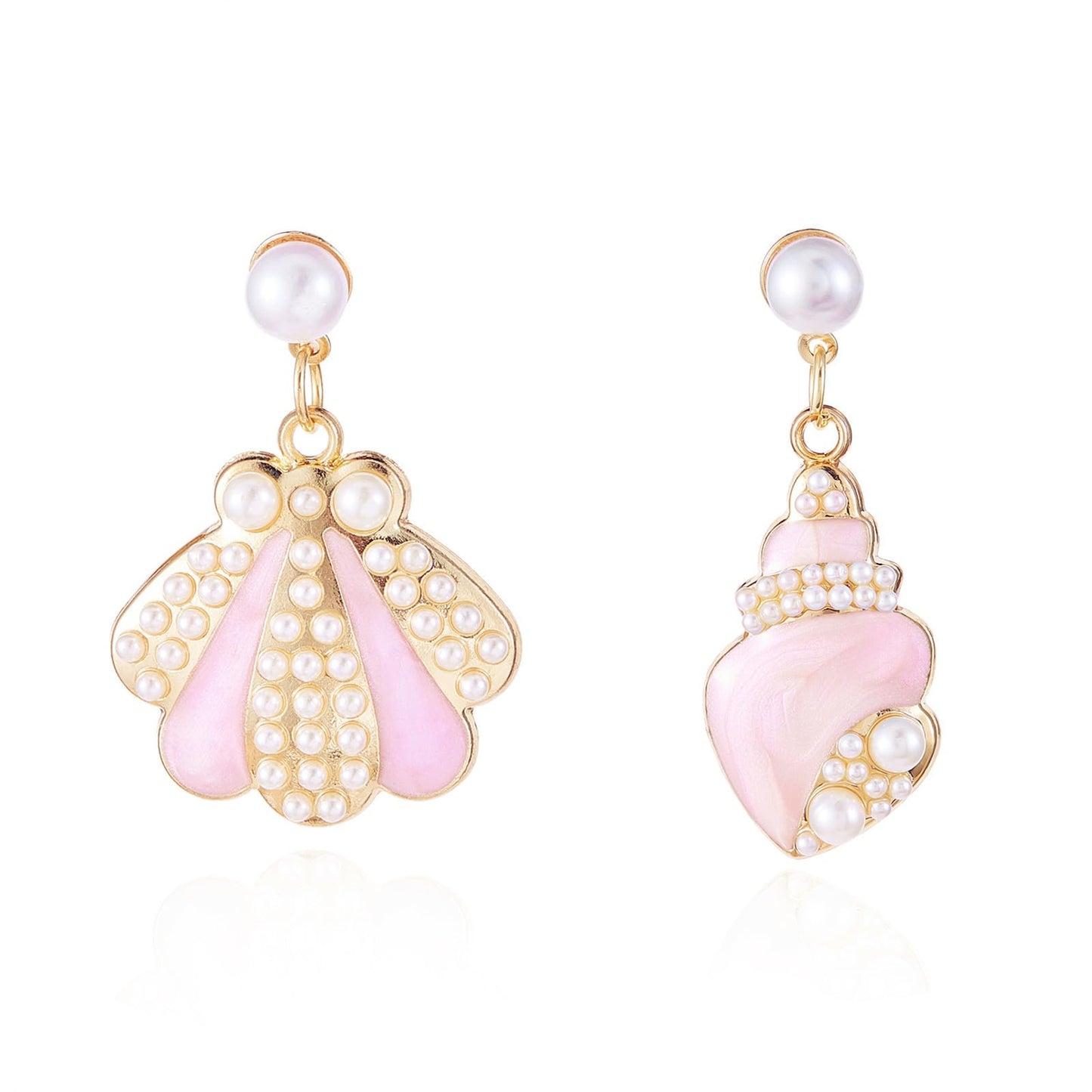 Asymmetric Starfish Seashell Earrings Gold Plated Boho Handmade Charm Cowrie Sea Shell Conch Star Ocean Animals Long Dangle Drop Earrings for Women Hawaii Summer Beach Party Holiday Jewelry Gifts (Pink conch)