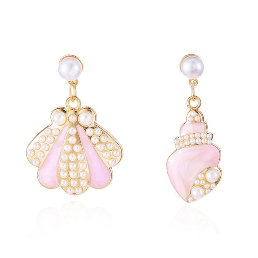 Asymmetric Starfish Seashell Earrings Gold Plated Boho Handmade Charm Cowrie Sea Shell Conch Star Ocean Animals Long Dangle Drop Earrings for Women Hawaii Summer Beach Party Holiday Jewelry Gifts (Pink conch)