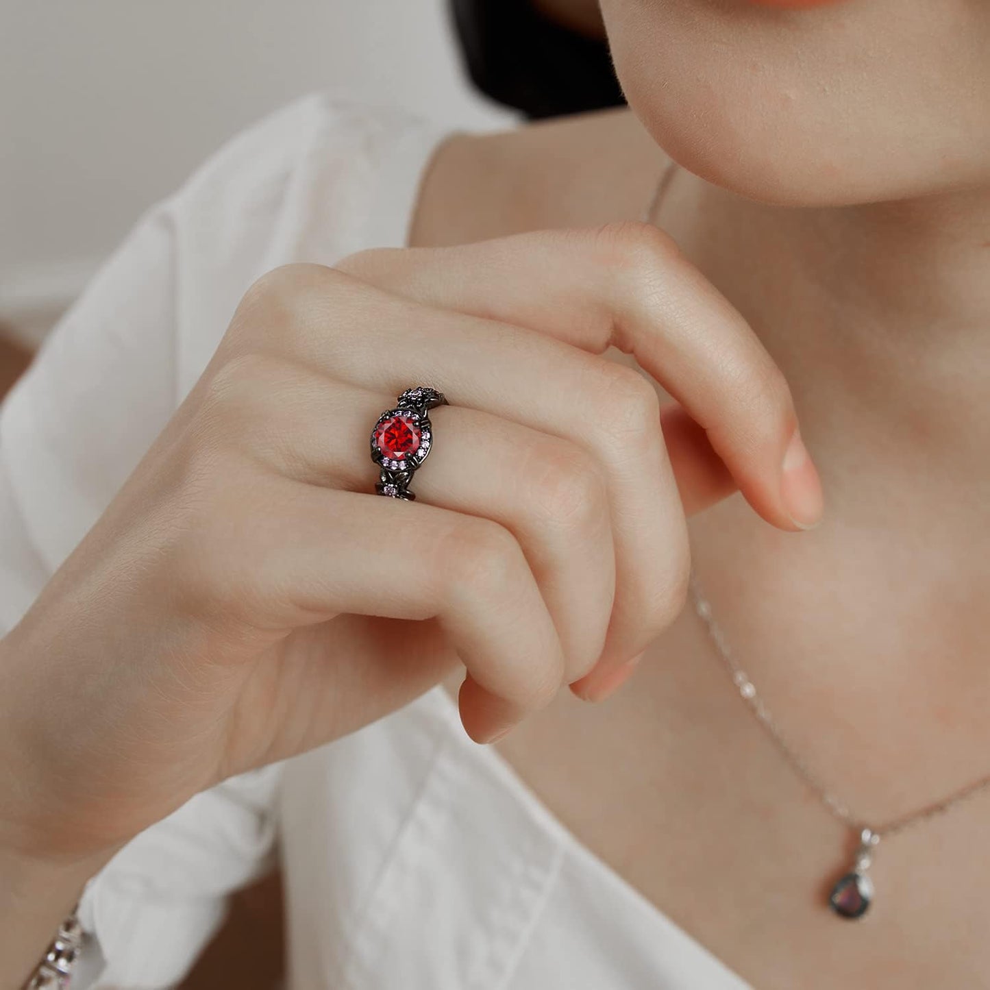 Vintage Black Gold Plated Ring with Created Garnet Gemstone, Purple CZ Accents, Wedding Engagement Band, Sizes 5-10 (7)