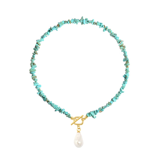 PEARLADA Boho Statement Turquoise Choker, Dainty Baroque Pearl Pendant Necklace, Trendy Turquoise Jewelry for Summer