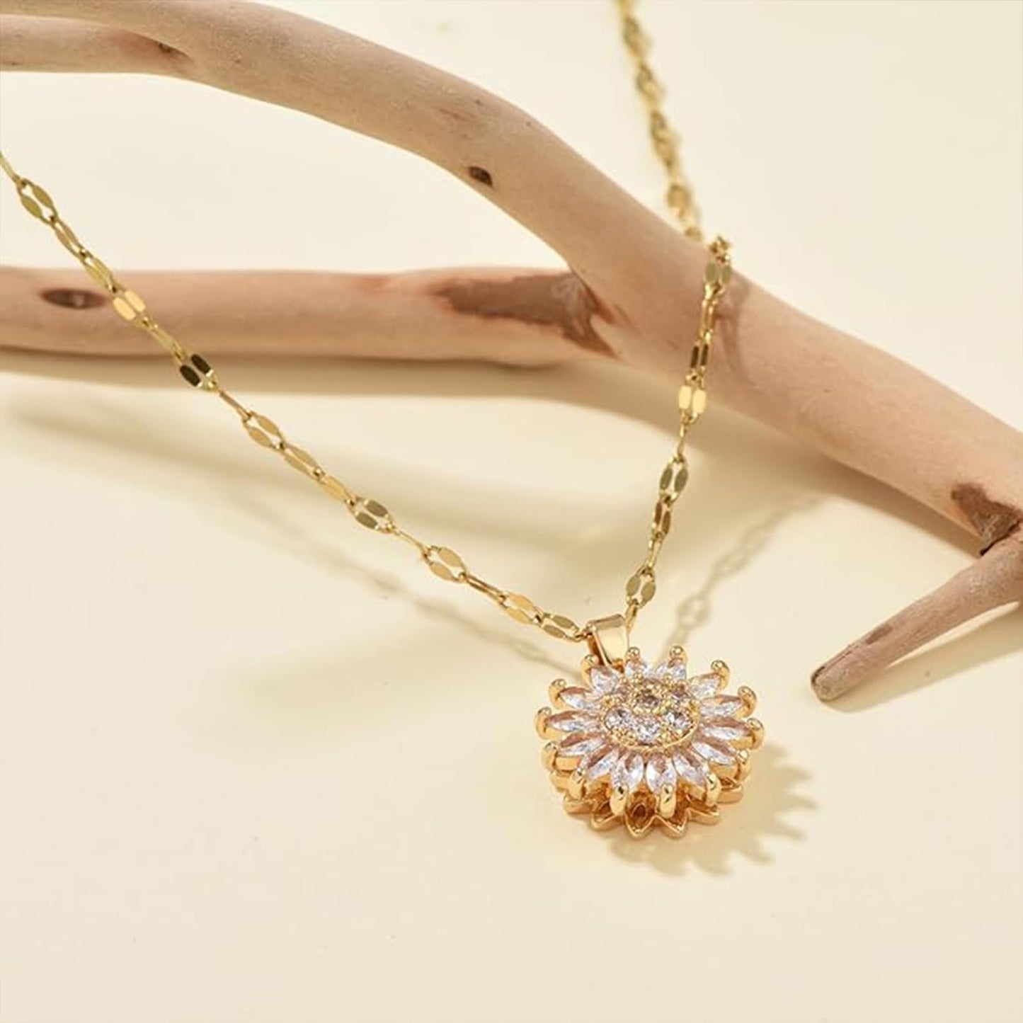 KONPJE Sunflower Fidget Necklace for Women Gold Moon Necklace Rotating Heart Necklaces Spinning Crystal Sunflower Anxiety Necklaces Crescent Moons Jewelry Accessories (Sun)