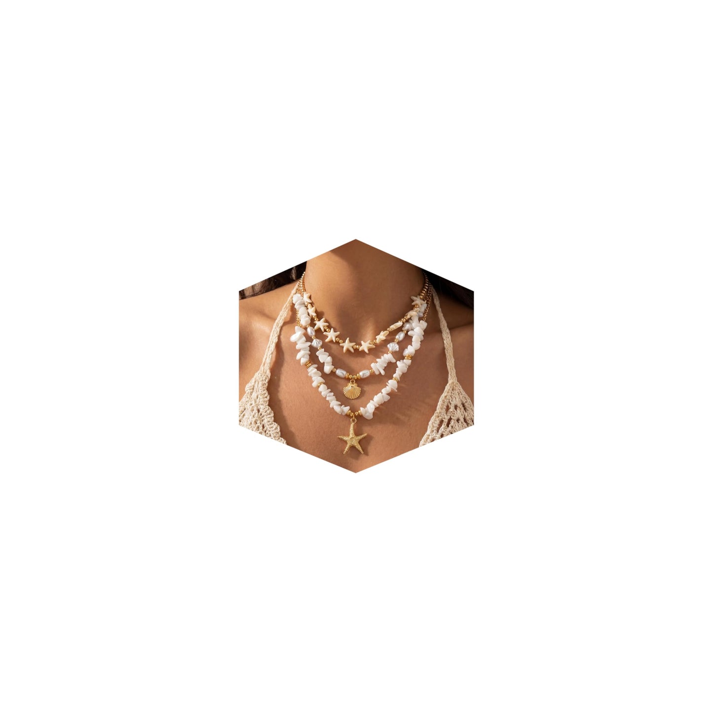 Shell Starfish Necklace for Women, Gold Plated Layered Pendant Necklace with Pearl Conch Charms, Boho Coastal Summer Beach Vacation Jewelry Gifts(Crush)