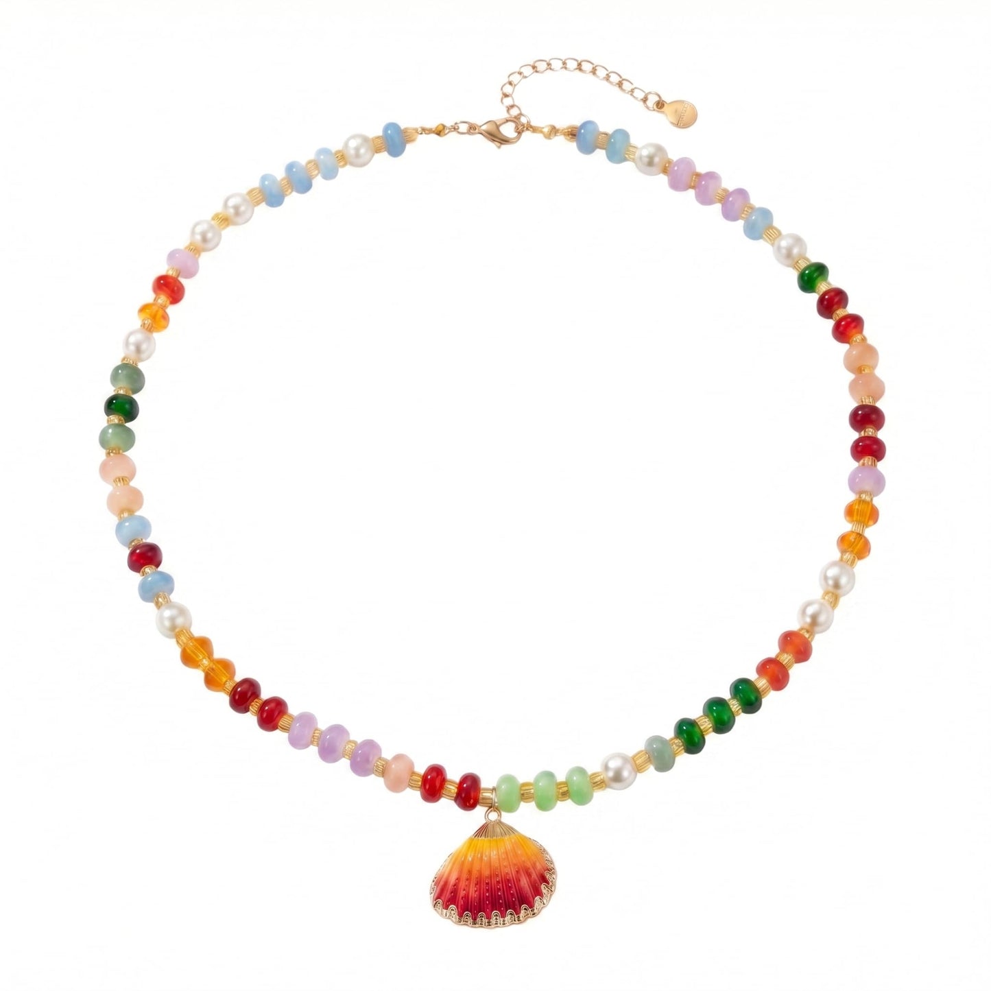 Frigotine Colorful Beaded Pearl Necklace for Women, Cute Orange Shell Pendant Trendy Summer Beach Boho Jewelry Gift