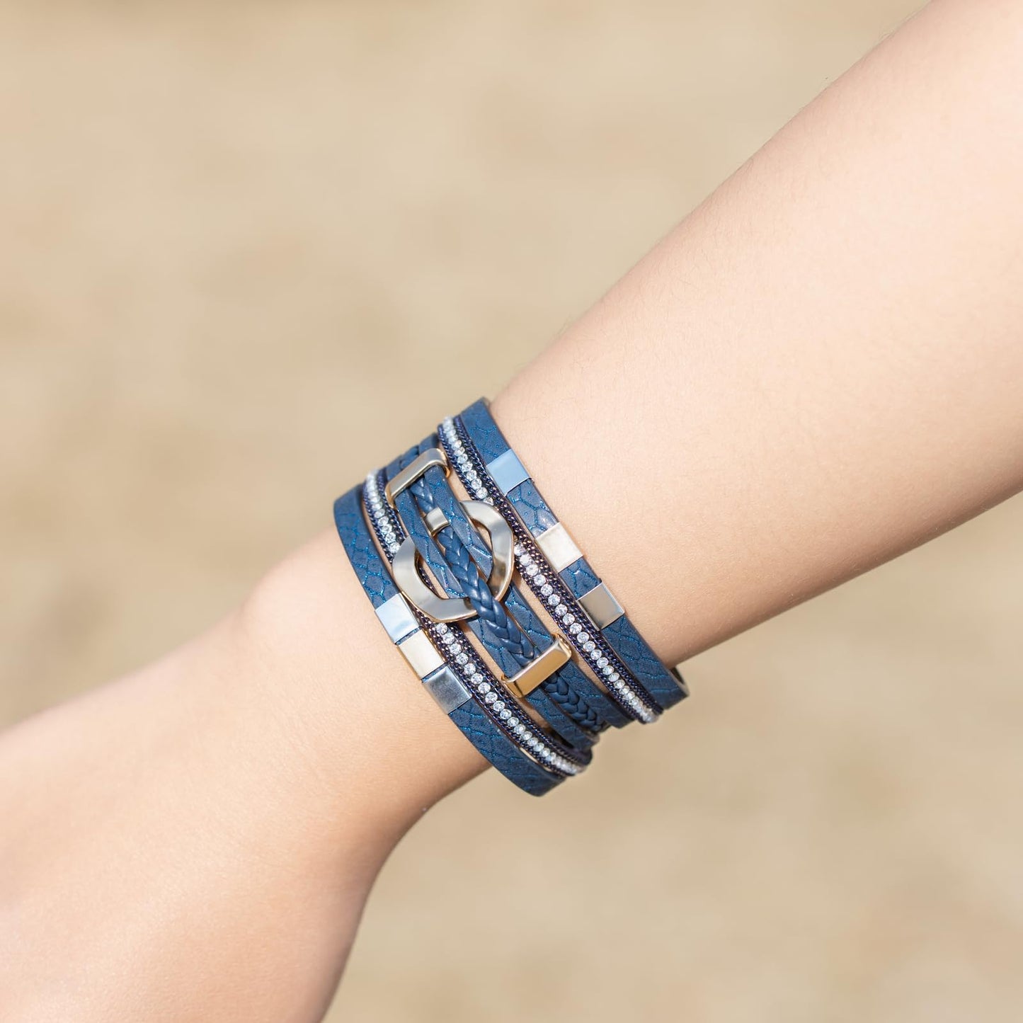 FANCY SHINY Boho Leather Wrap Bracelets Circle Square Bead Braided Handmade Stackable Bracelet Trendy Cuff Bangle for Women(Blue)