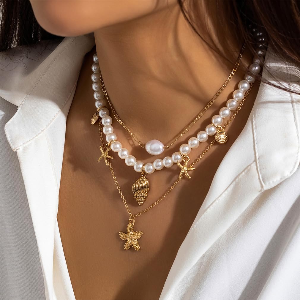 Chunky Gold Layered Pearl Starfish Statement Necklace Dainty Beach Pearls Beaded Seashell Choker Stacked Conch Sea Shell Necklaces Trendy Hawaiian Beachy Jewelry for Women (Gold)