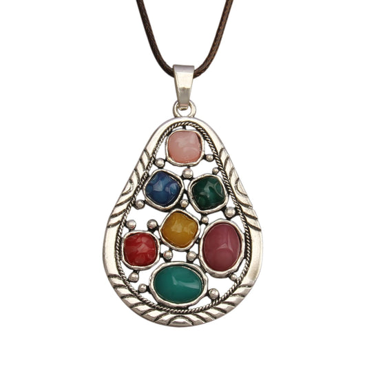 joymiao Leather Necklace for Women Colored Stone Necklace Long Brown Necklace Vintage Sweater Pendant for Women Boho Jewelry