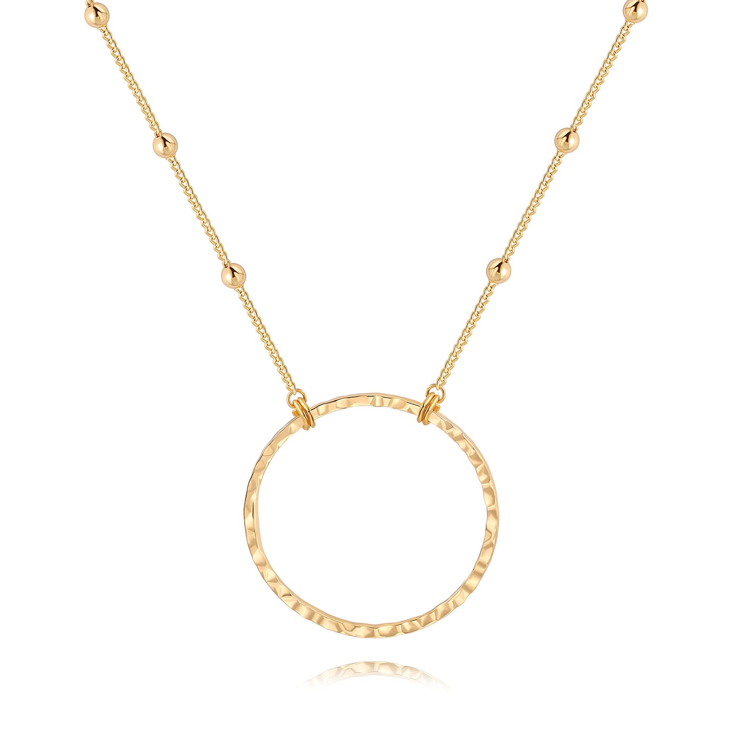 PERNNLA PEARL 18K Gold Circle Pendant Ncklace for Women Dainty Long Satellite Bead Chain Necklaces Statement Hammered Handmade Sweater Chain Y Necklaces 31”