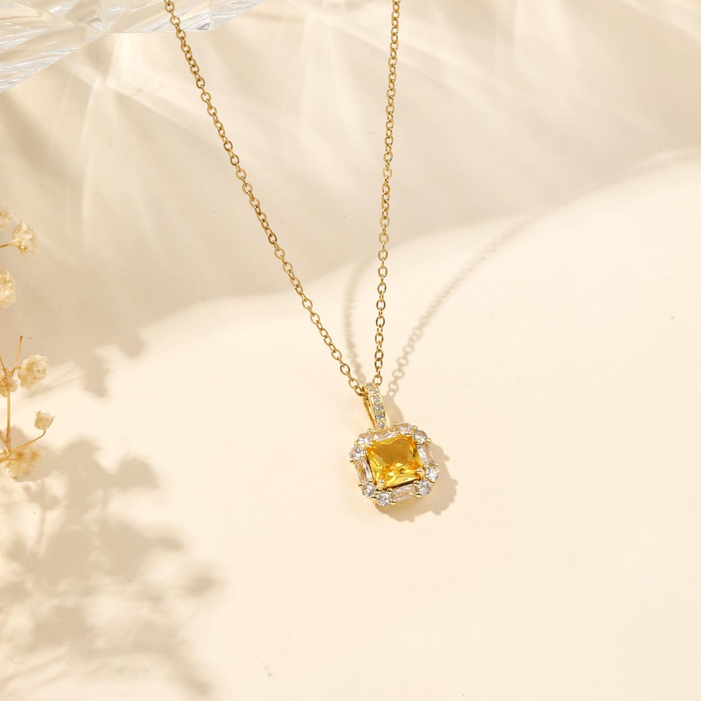crataly Yellow Square Citrine Necklace for Women-Gold Plated November Birthstone Necklace For Valentine's Day Mother's Day Christmas Birthday Gifts