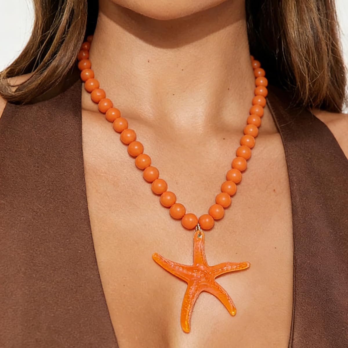 CXENSJH Chunky Beaded Starfish Necklace for Women Boho Colorful Summer Acrylic Choker Beach Chain Necklace Beads Trendy Chunky Jewelry（Orange）
