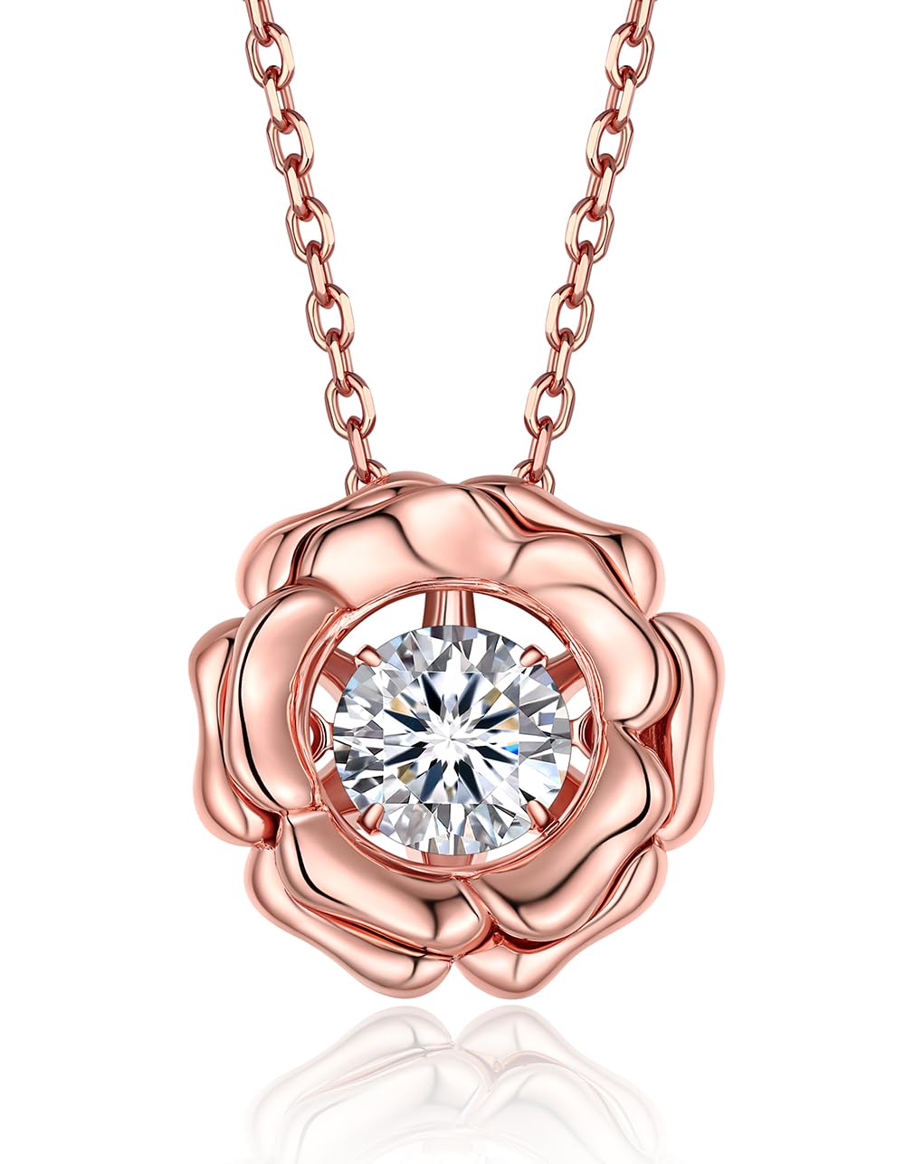 MomentWish Rose Necklace, Birthday Gift for Mom, 1 Carat Moissanite Necklace for Women with Moving Stone, 14K Rose Gold Plated 925 Sterling Silver Pendant, 18''+2 Extender