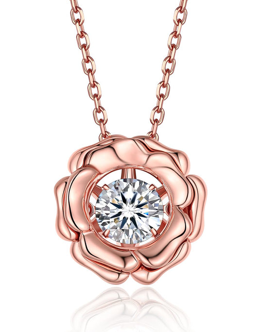 MomentWish Rose Necklace, Birthday Gift for Mom, 1 Carat Moissanite Necklace for Women with Moving Stone, 14K Rose Gold Plated 925 Sterling Silver Pendant, 18''+2 Extender