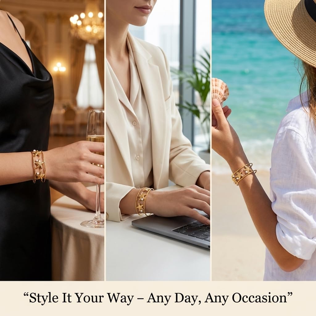 MystiGlimmer Starfish Open Cuff Bracelet for Women 18K Gold Plated Stainless Steel, Adjustable Ocean-Inspired Arm Cuff, Waterproof, Hypoallergenic Beach Jewelry Gift (3 Starfish)