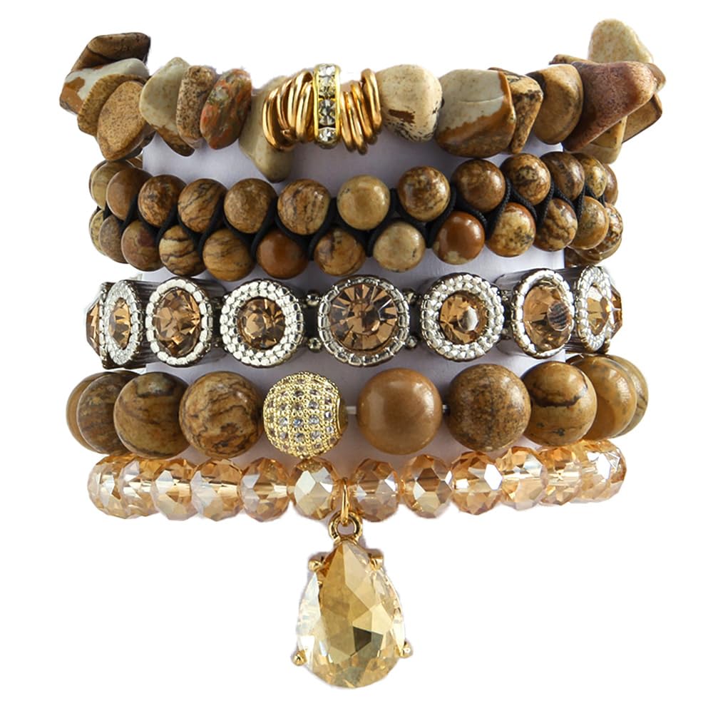 Yomisa Boho Beaded Bracelets for Women,Multilayer Wrap 5PCS Healing Natural Jasper Stone Bead Bracelets Handmade Stackable Friendship Stretchy Beaded Bracelet Set Trendy Bohemian Jewelry Gift Women