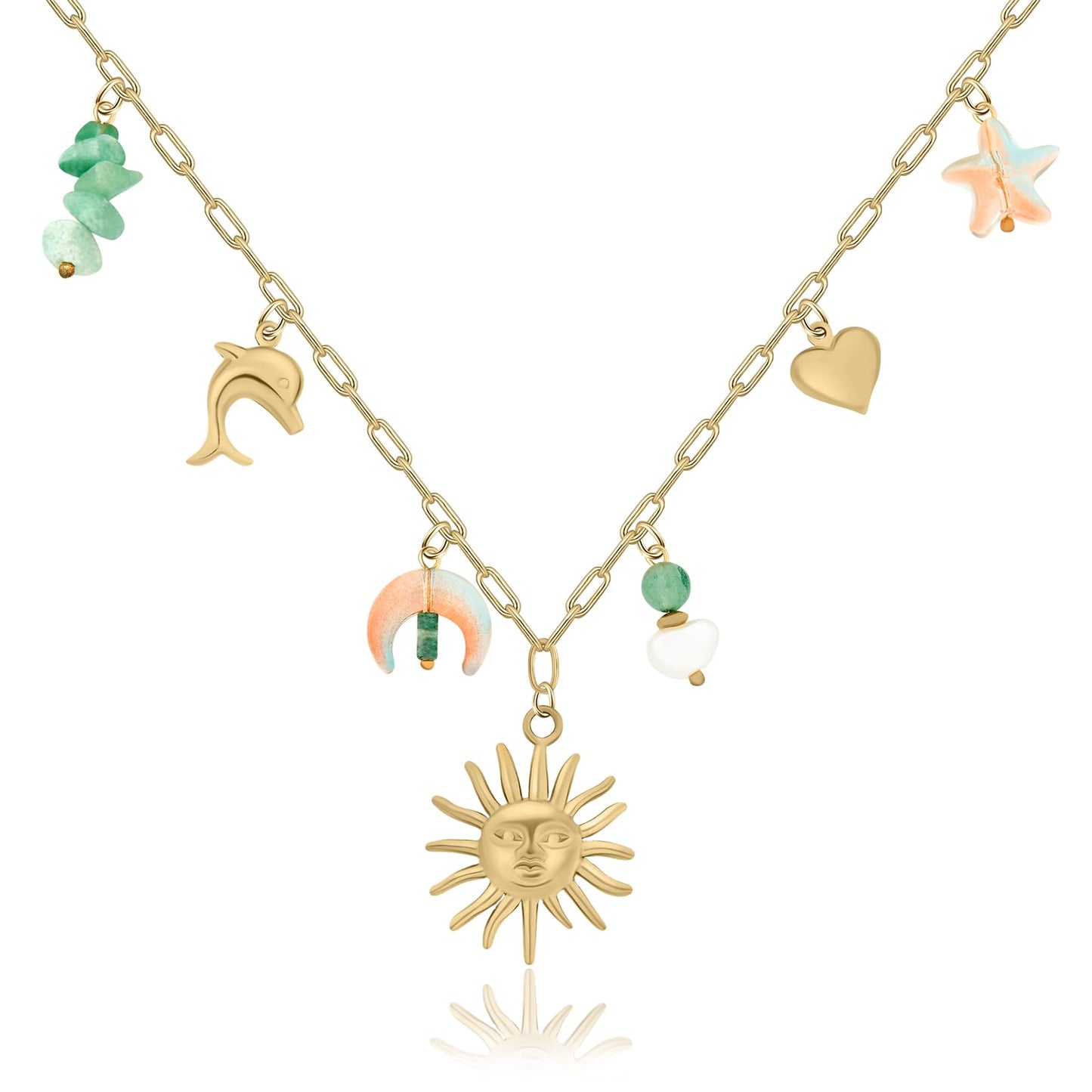 Chunky Gold Necklace Statement Boho Beach Ocean Summer Stainless Steel Jewelry Shell Starfish Turquoise Dolphin Pearl Sun Flower Wave Heart Fish Charm Choker Necklaces for Women(Sun Smile)