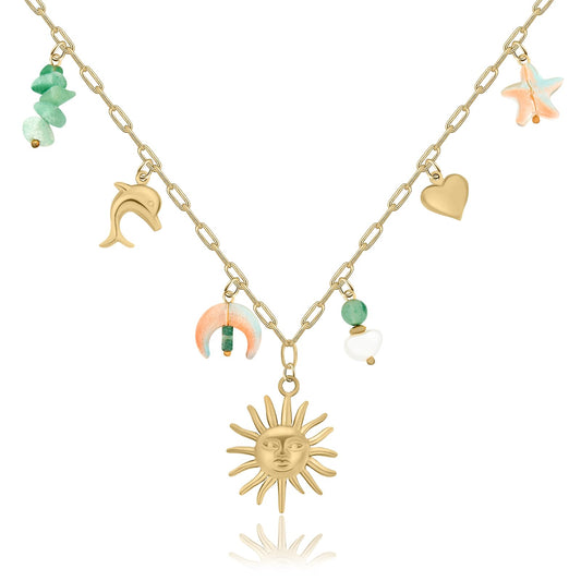 Chunky Gold Necklace Statement Boho Beach Ocean Summer Stainless Steel Jewelry Shell Starfish Turquoise Dolphin Pearl Sun Flower Wave Heart Fish Charm Choker Necklaces for Women(Sun Smile)