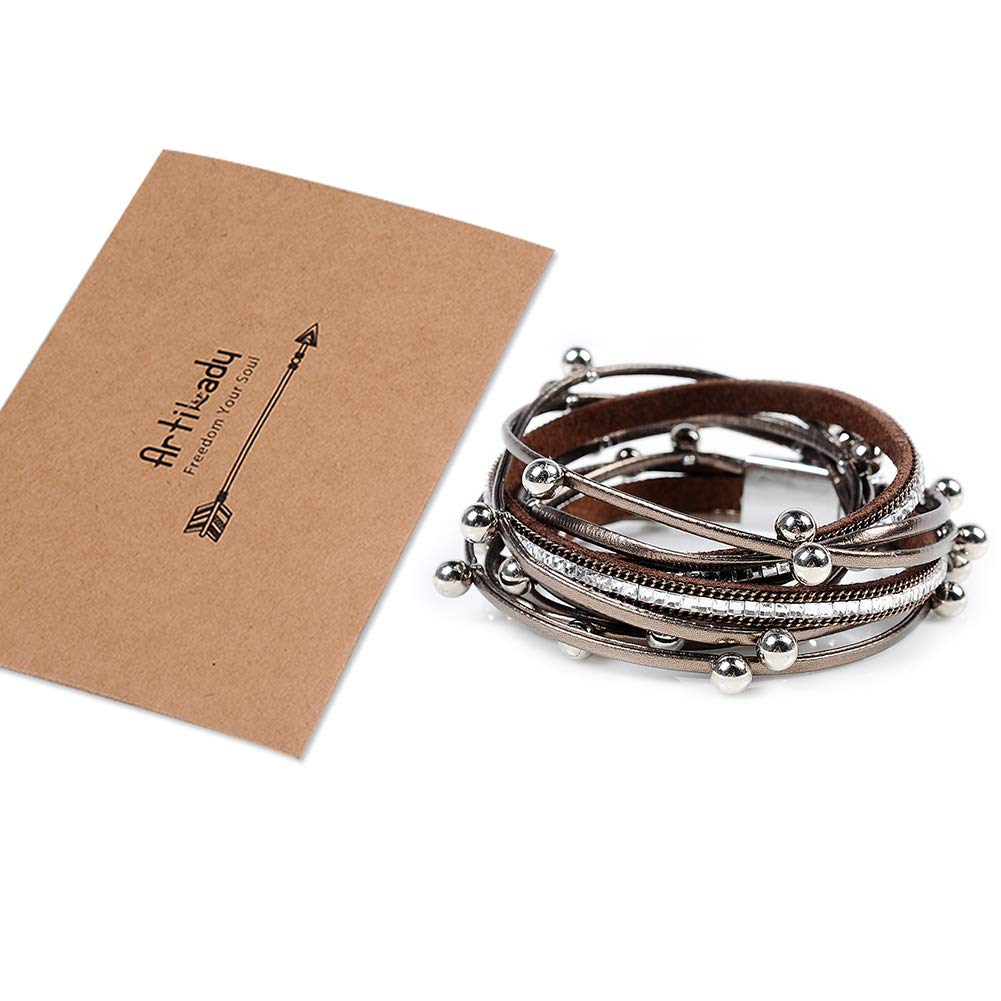 Artilady Leather Wrap Bracelet for Women - Handmade Clasp Bangle Bracelet with Pearl Beads Crystal Wristbands Jewelry Gift for Ladies and Mother