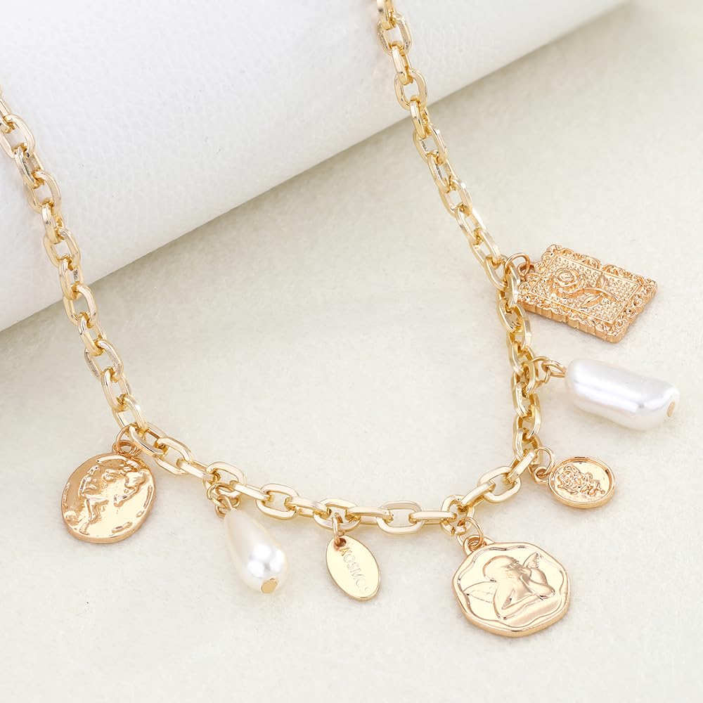 BONJOULRY Gold Charm Necklace for Women White Pearl Choker Head Portrait Square Pendant Necklace Boho Charm Necklaces Jewelry
