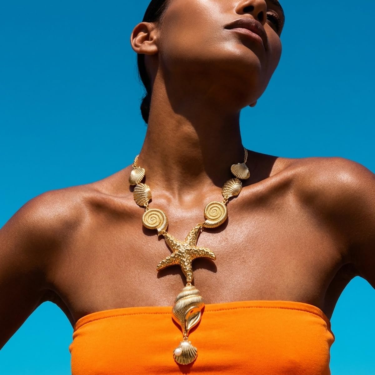 VIYPDRST Starfish Shell Necklaces For Women Big Seashell Beach Conch Y-Shaped Pendant Boho Summer Statement Beach Collar Holiday Jewelry (Gold)