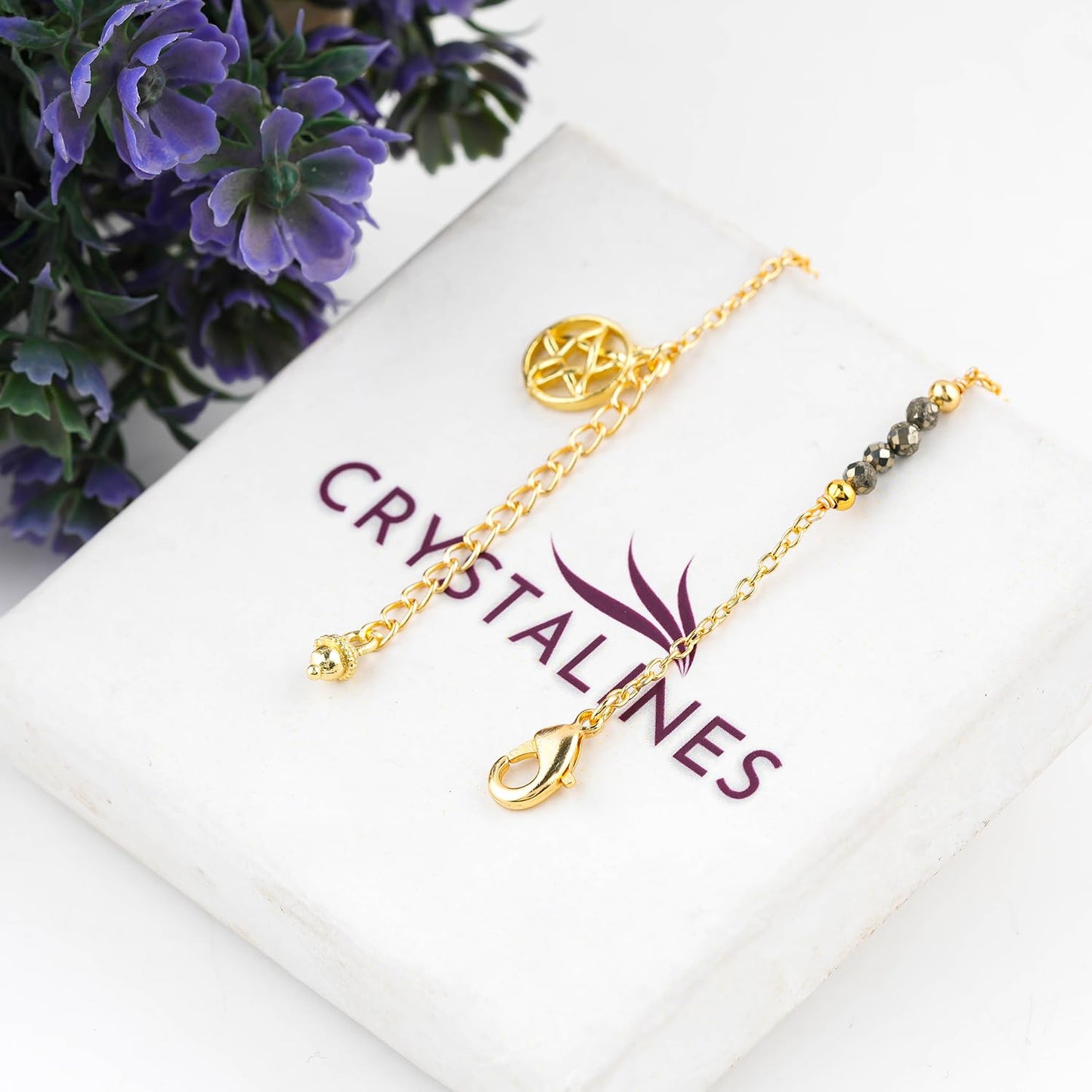 CRYSTALINES Natural Golden Pyrite Gemstone Beads, Handmade Station Dangle Star Charms Anklet, 14K Gold Plated, Adjustable Fashion Boho Jewelry for Women, Healing Crystals, Christmas Gift