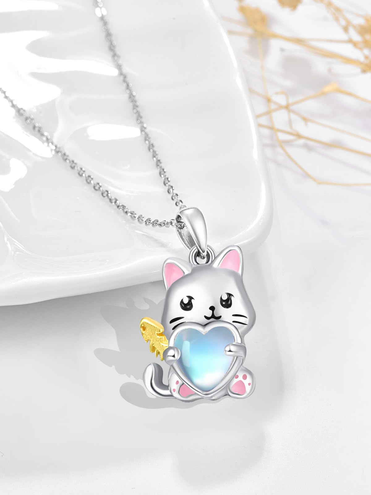 Dreamboat Cat Pendant Necklace for Women 925 Sterling Silver Moonstone Kitten Animal Jewelry Gifts for Cats Lovers