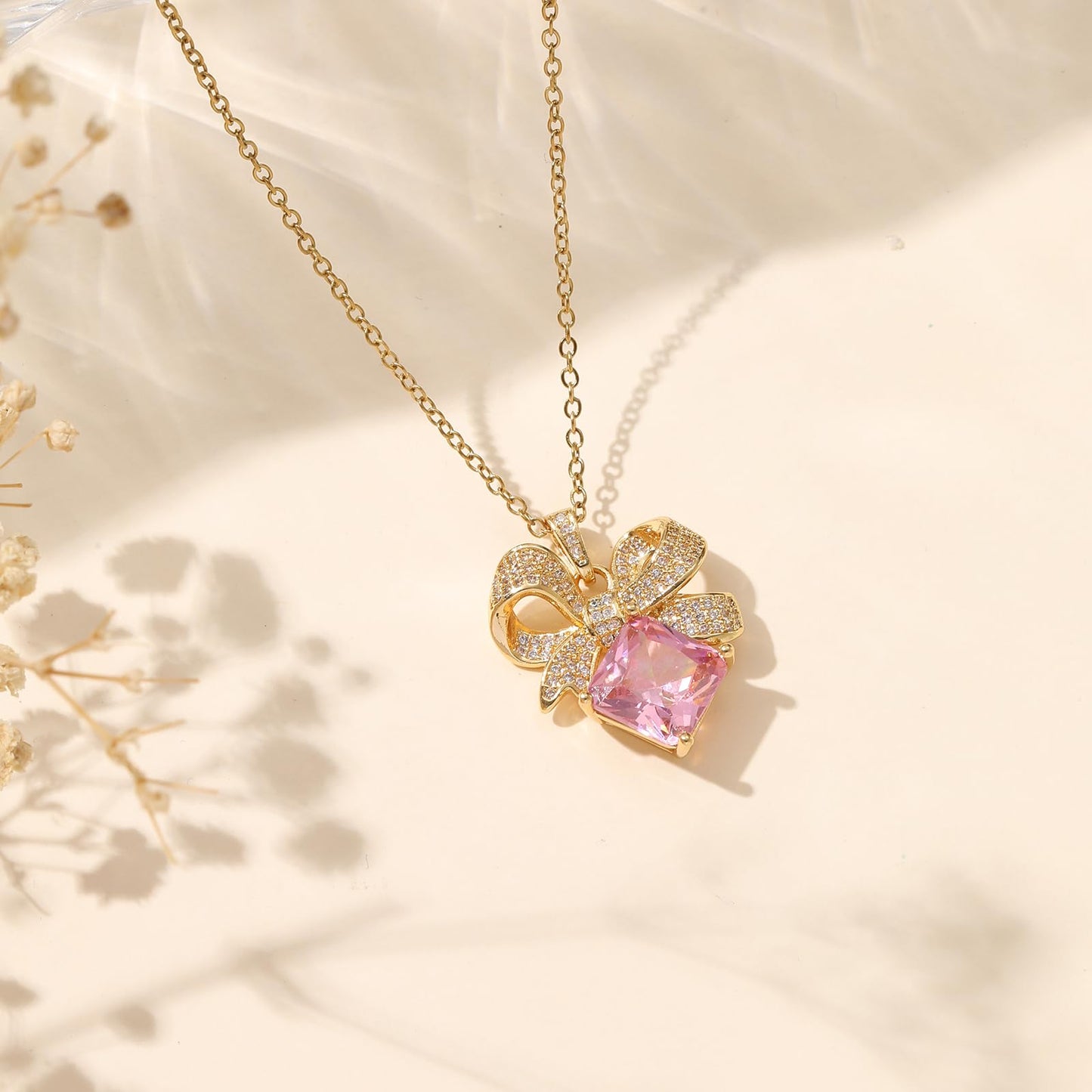 Pink Square Rose Quartz Bow Necklace for Women-Gold Plated October Birthstone Healing Crystal Vintage Necklace For Valentines Day Mother's Day Christmas Birthday Gifts