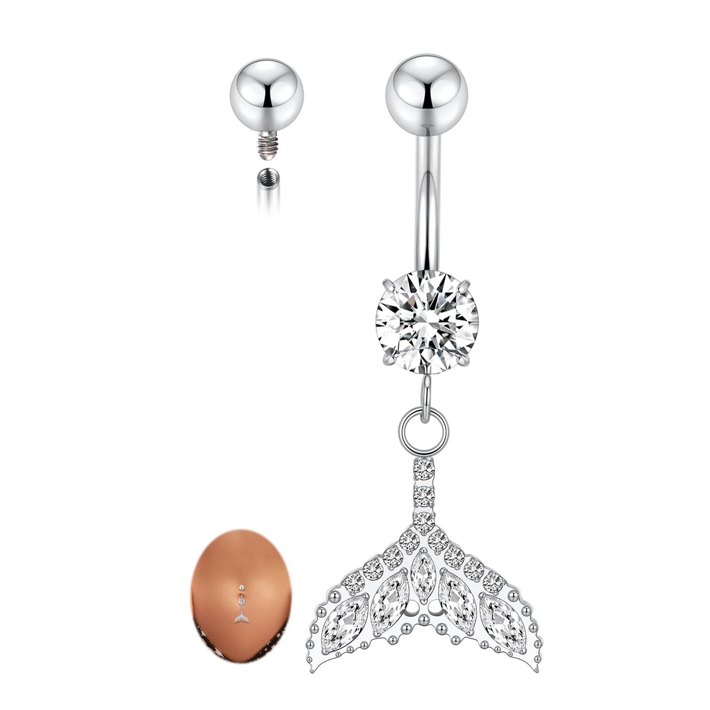 PEAKLINK Dangle Belly Jewelry 14G Internally Threaded Navel Piercing Silver Belly Button Ring 10mm for Women Titanium Curved Barbell with Fishtail CZ Navel Belly Bars