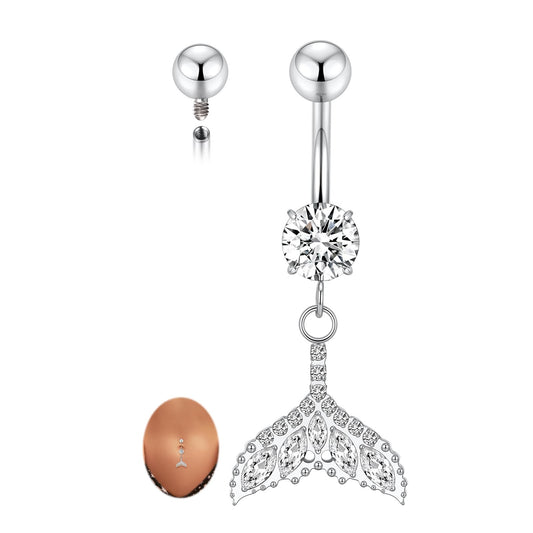 PEAKLINK Dangle Belly Jewelry 14G Internally Threaded Navel Piercing Silver Belly Button Ring 10mm for Women Titanium Curved Barbell with Fishtail CZ Navel Belly Bars