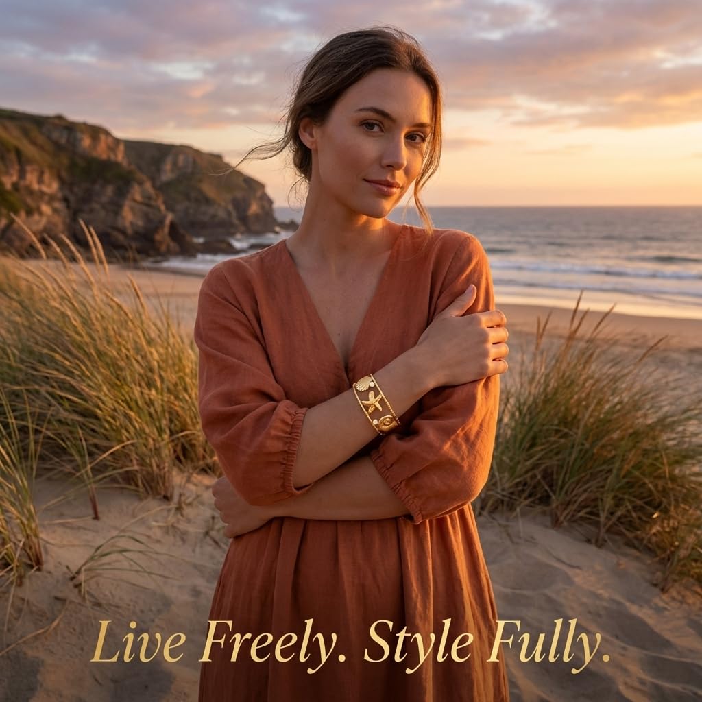 MystiGlimmer Starfish Open Cuff Bracelet for Women 18K Gold Plated Stainless Steel, Adjustable Ocean-Inspired Arm Cuff, Waterproof, Hypoallergenic Beach Jewelry Gift