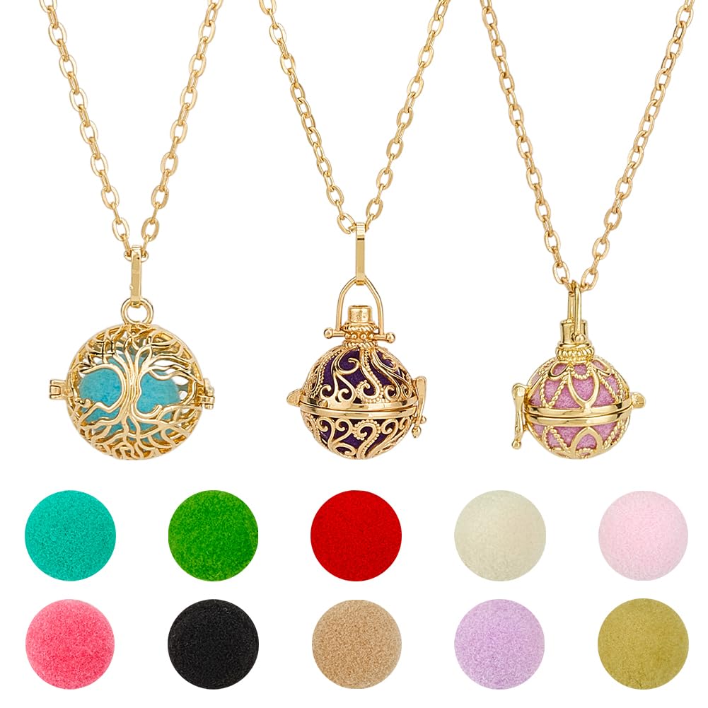 PH PandaHall 3pcs Golden Essential Oil Diffuser Necklace, Aromatherapy Locket Pendant with 10pcs Color Cotton Balls Scent Necklace Hollow Flower Pendant Necklaces for Men Women Jewelry Birthday Gifts