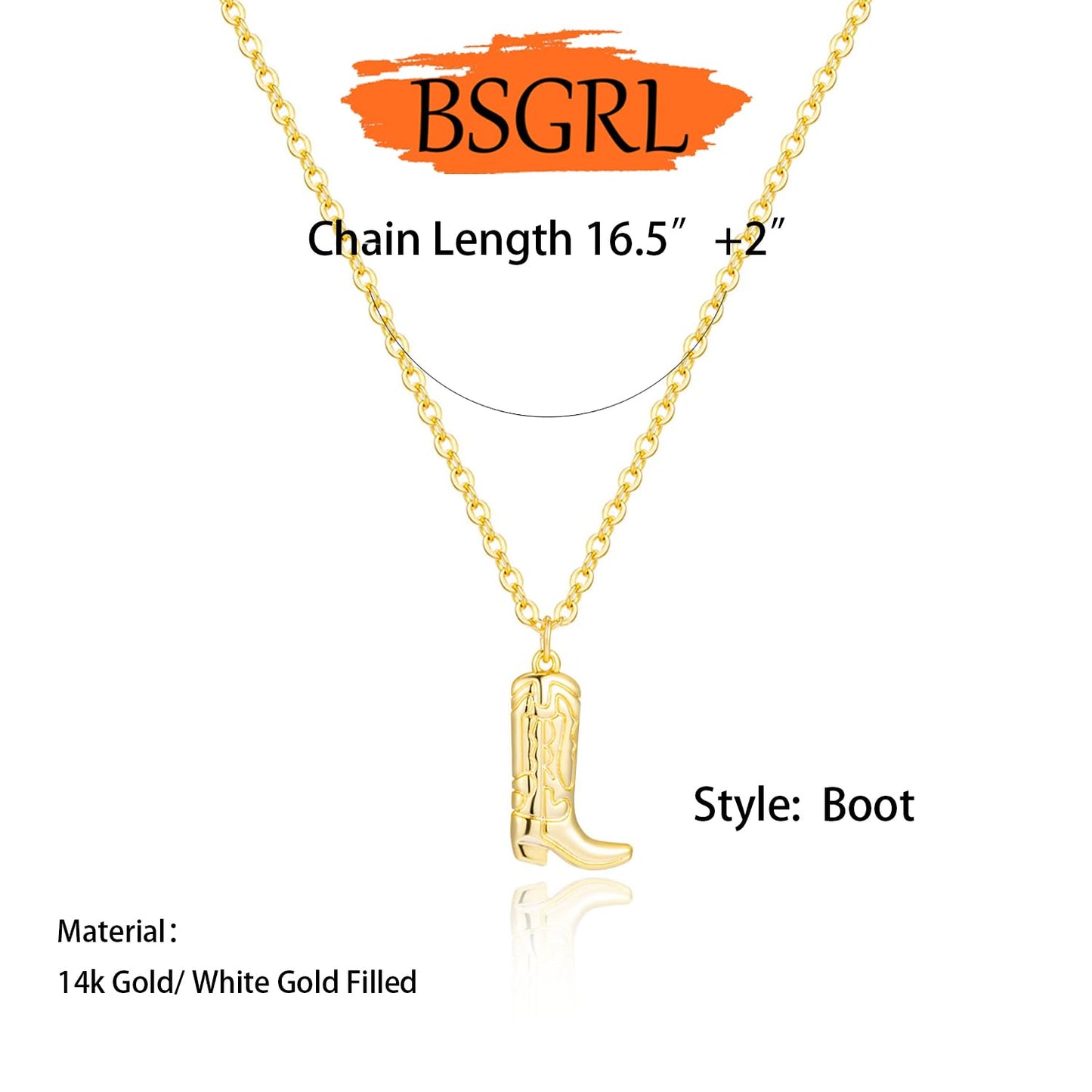 BSGRL Gold Necklace for Women- 14K Gold Plated Dainty Cowboy Boot Necklace 16.5"+2"