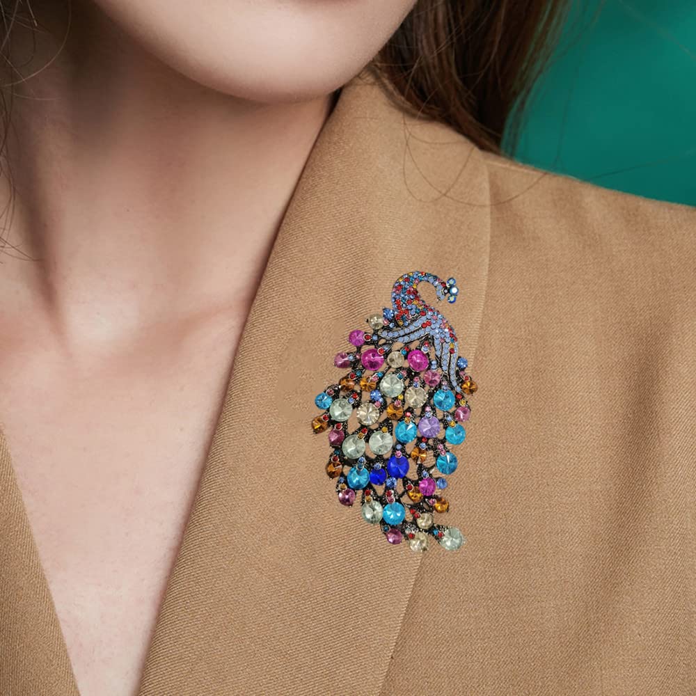Rhinestone Peacock Brooch Pin for Women Girls Fashion Exquisite Exaggerated Big Crystal Bird Animal Brooches Lapel Pins Elegant Dress Accessories Wedding Christmas Birthday Jewelry Gift (Colorful CZ)