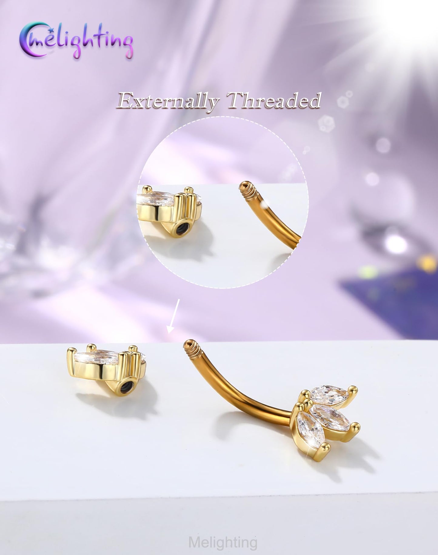 Melighting 14G Gold Lotus Belly Button Ring, Double CZ Navel Ring 316L Surgical Stainless Steel Marquise 5A CZ Belly Bar 8 mm