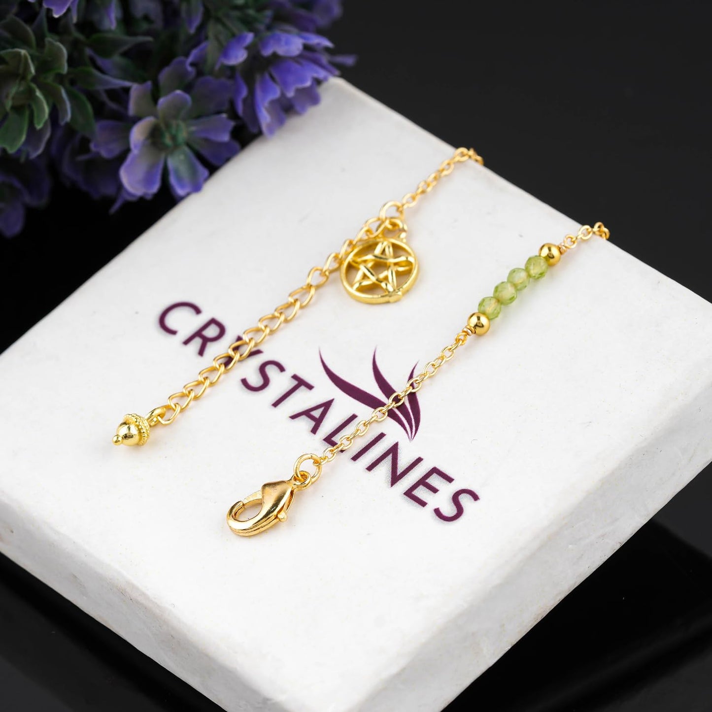 CRYSTALINES Natural Peridot Gemstone Beads, Handmade Station Dangle Star Charms Anklet, 14K Gold Plated, Adjustable Fashion Boho Jewelry for Women, Healing Crystals, Christmas Gift