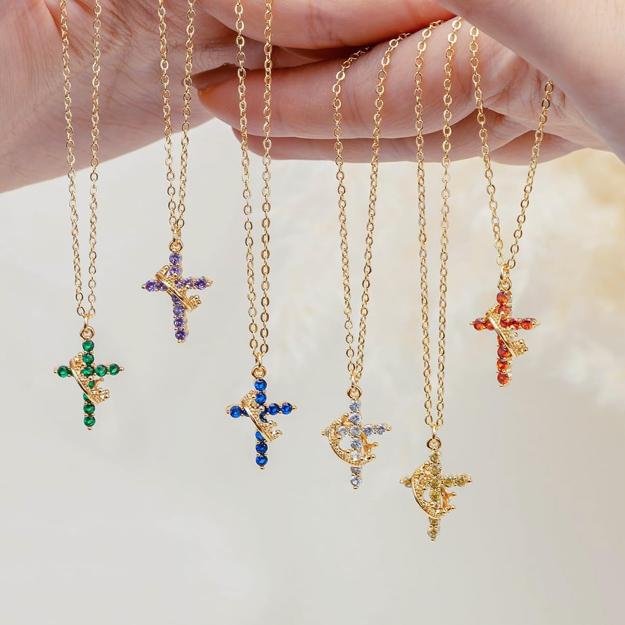 Robaice Birthstone Crown Cross Necklace for Women, Gold-Plated Christian Faith Necklace, Cross Jewelry Gift for Women, June Purple Alexandrite Gift