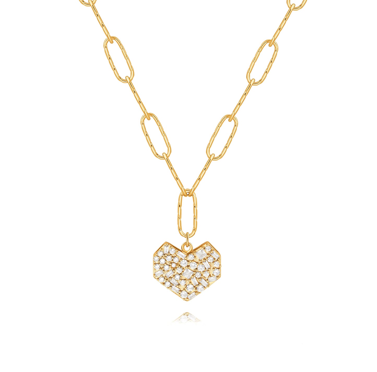 PEARLADA Statement Diamond Heart Necklace, Chunky 18k Gold Plated Paperclip Necklace for Women