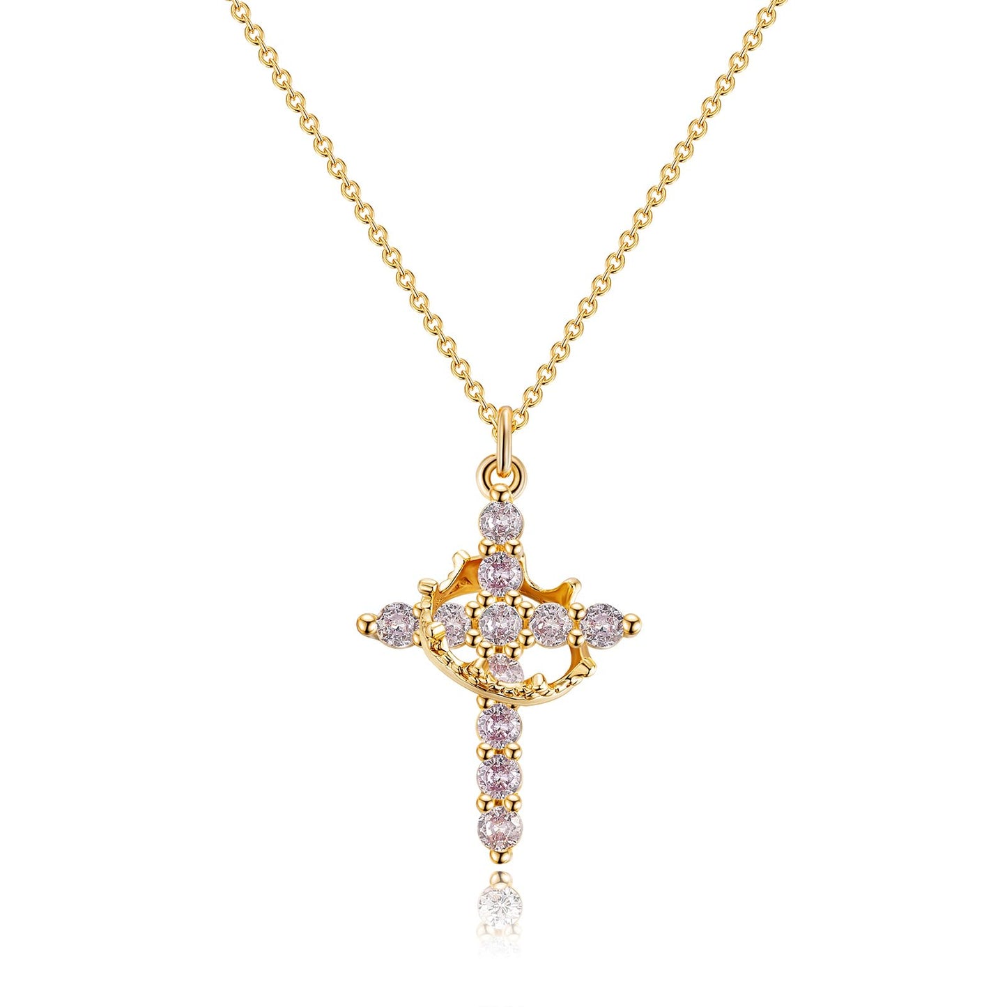 Robaice Birthstone Crown Cross Necklace for Women, Gold-Plated Christian Faith Necklace, Cross Jewelry Gift for Women, February Purple Amethyst Gift