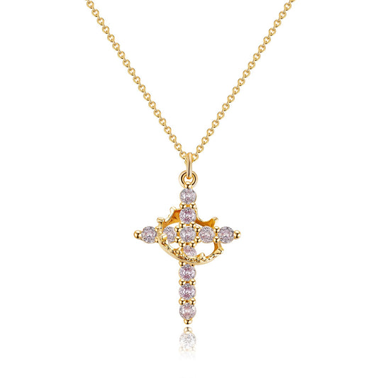 Robaice Birthstone Crown Cross Necklace for Women, Gold-Plated Christian Faith Necklace, Cross Jewelry Gift for Women, February Purple Amethyst Gift