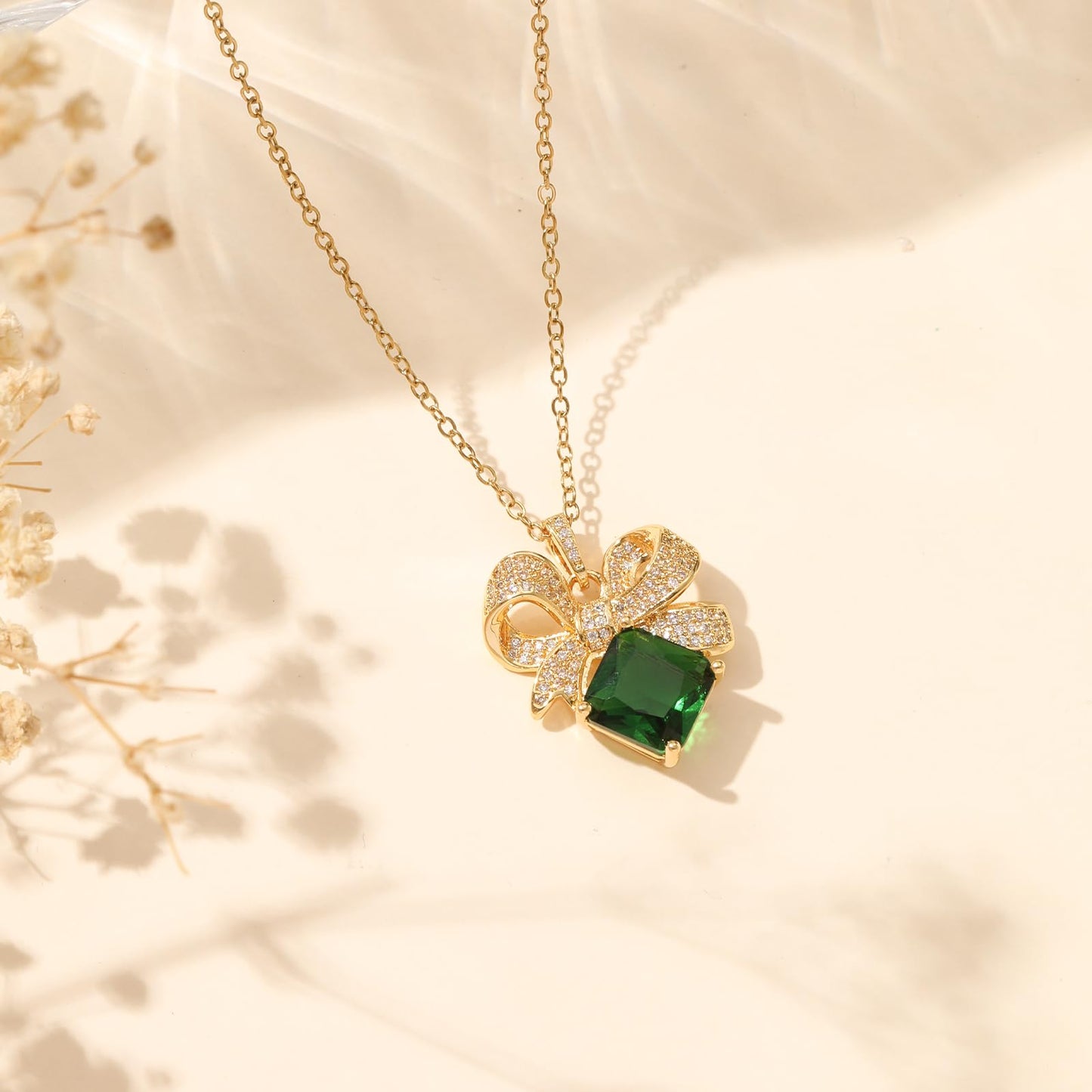 Emerald Square Bow Necklace for Women-Gold Plated May Birthstone Healing Crystal Vintage Necklace For Valentines Day Mother's Day Christmas Birthday Gifts