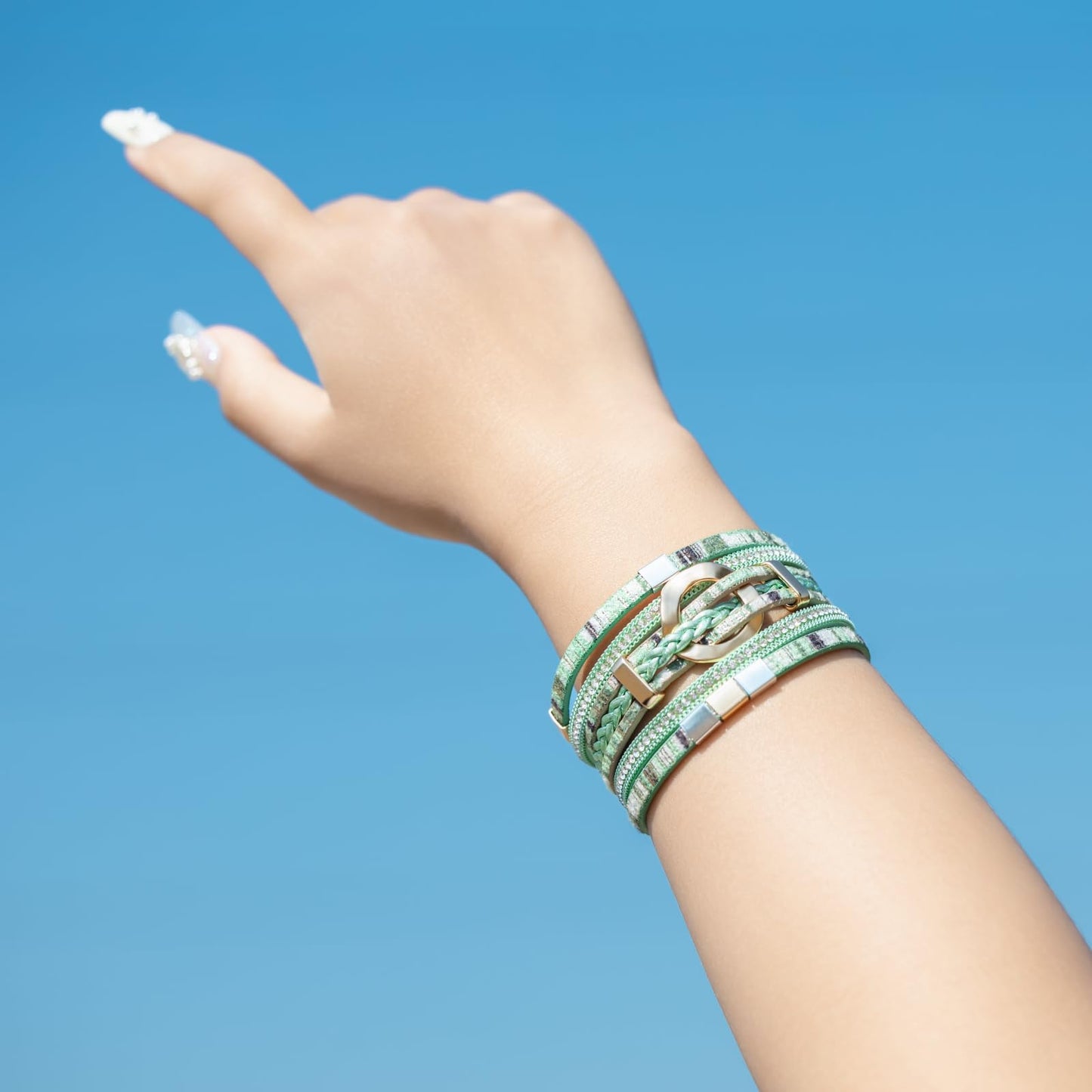 FANCY SHINY Boho Leather Wrap Bracelets Circle Square Bead Braided Handmade Stackable Bracelet Trendy Cuff Bangle for Women(Boho Green)