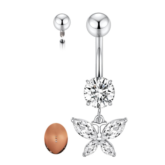 PEAKLINK 14G Belly Button Ring 10mm Dangle Belly Jewelry Internally Threaded Navel Piercing Silver for Women Titanium Curved Belly Barbell with Butterfly CZ Navel Bars