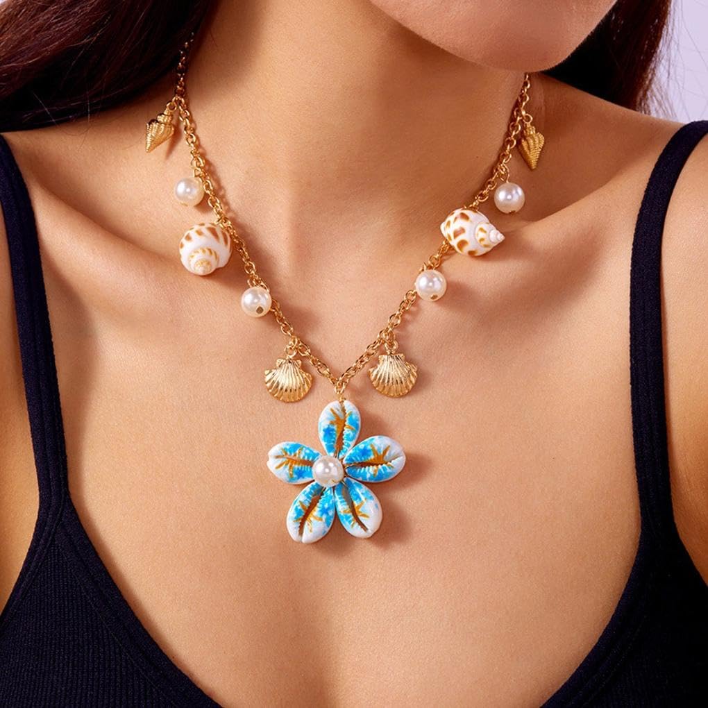 Gold Starfish Seashell Flower Charms Necklace for Women, Boho Adjustable Pearl Chain Choker Necklace Vintage Beachy Statement Jewelry Vacation Gifts (Blue)