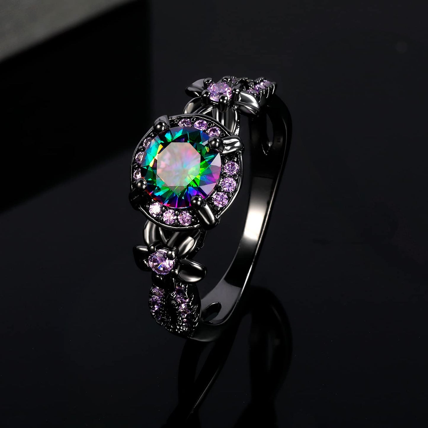 Women Eternity Rings 18K Black Gold Plated Rainbow CZ Created Amethyst Gemstone Wedding Engagement Band for Bride Dainty Jewelry Gifts (10)