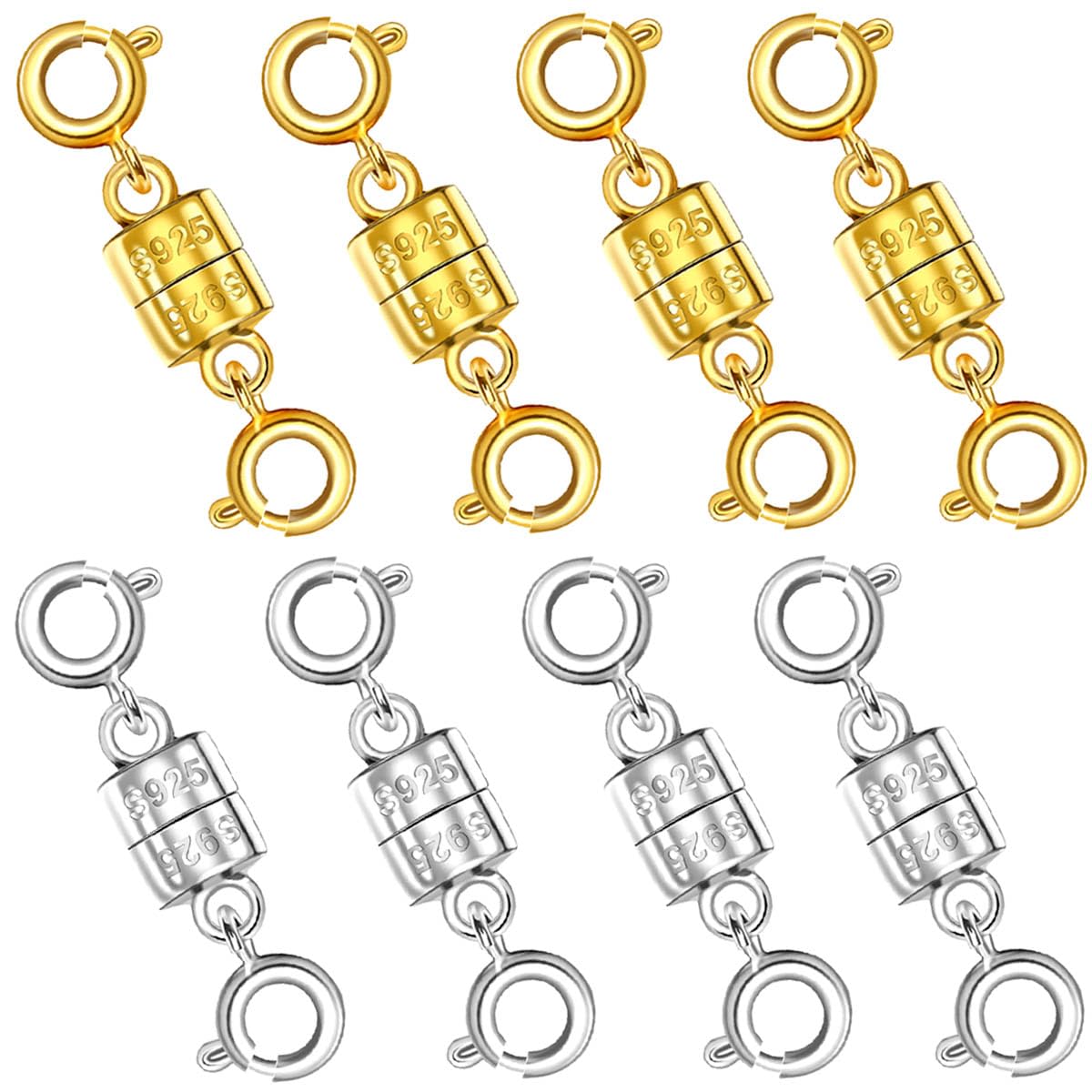 925 Silver Magnetic Necklace Clasps, Magnetic Necklace Clasps and Closures for Bracelet Necklace Extender (8pcs | 4gold & 4silver)