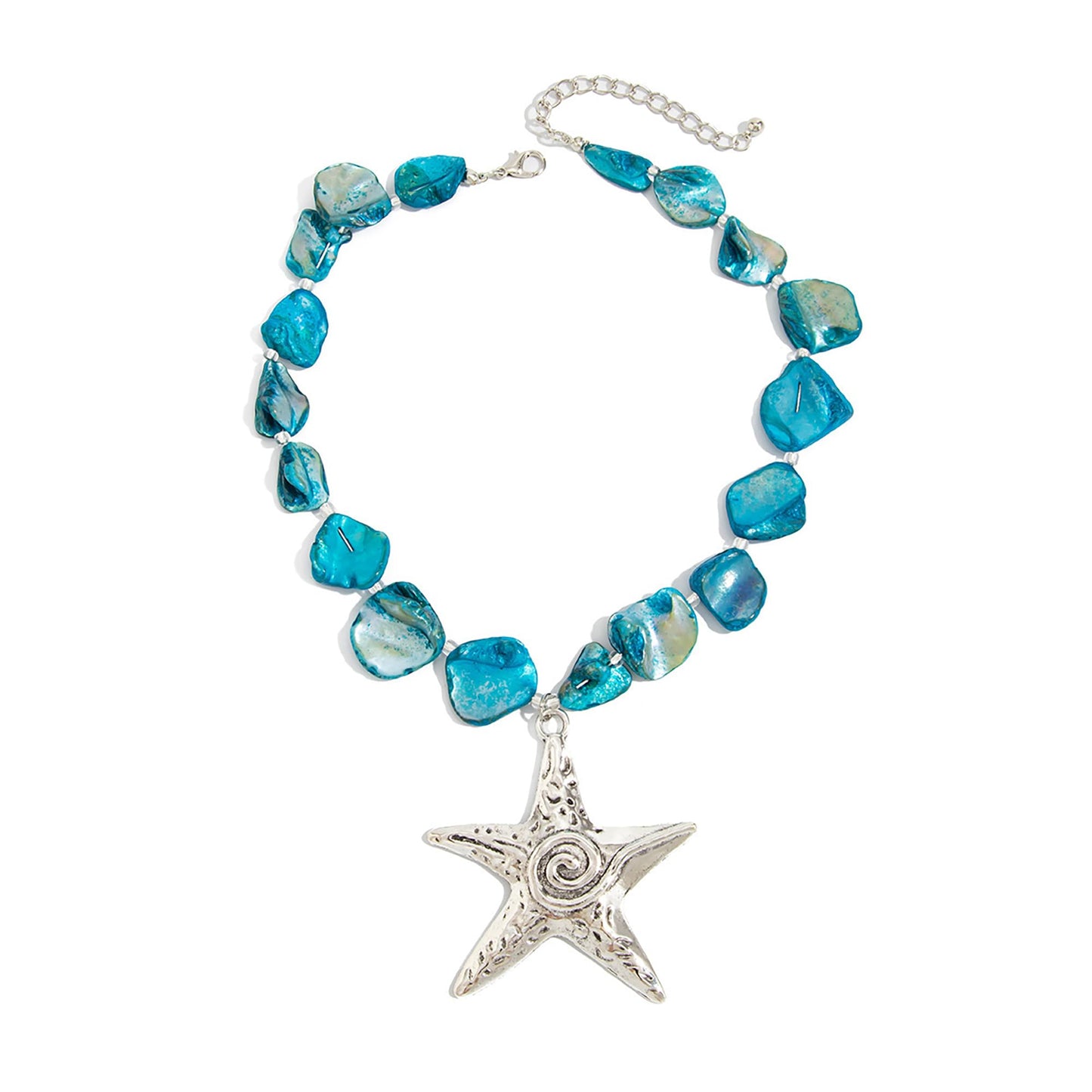 LNNVKRV Chunky Silver Big Starfish Pendant Necklace for Women Fashion Adjustable Colorful Irregular Shell Beaded Choker Necklaces Boho Summer Beach Jewelry for Women (blue)