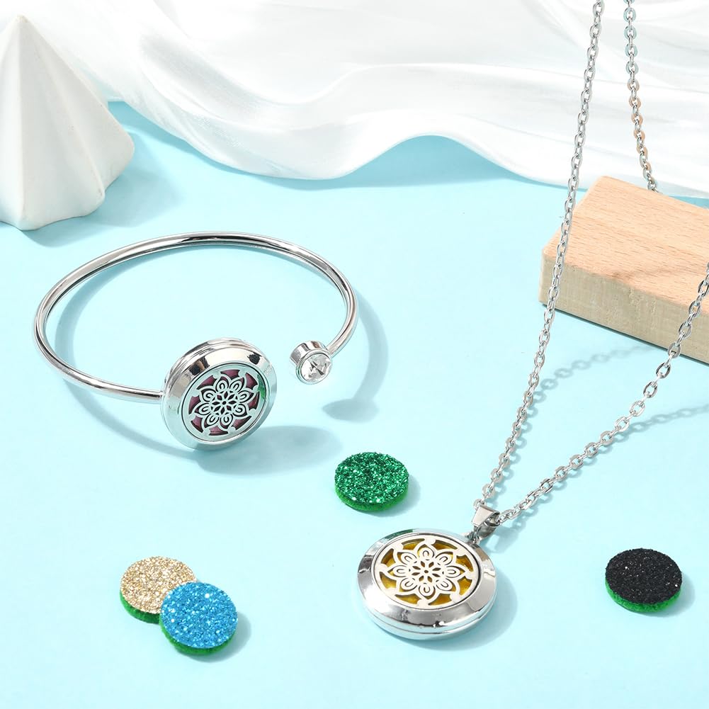 SUNNYCLUE 1Pc Essential Oil Diffuser Bracelet 1Pc Essential Oil Necklace with 10Pcs Refill Pads Flower Stainless Steel Necklaces Adjustable Cuff Bangles Aromatherapy Locket Bracelets for Women Gifts