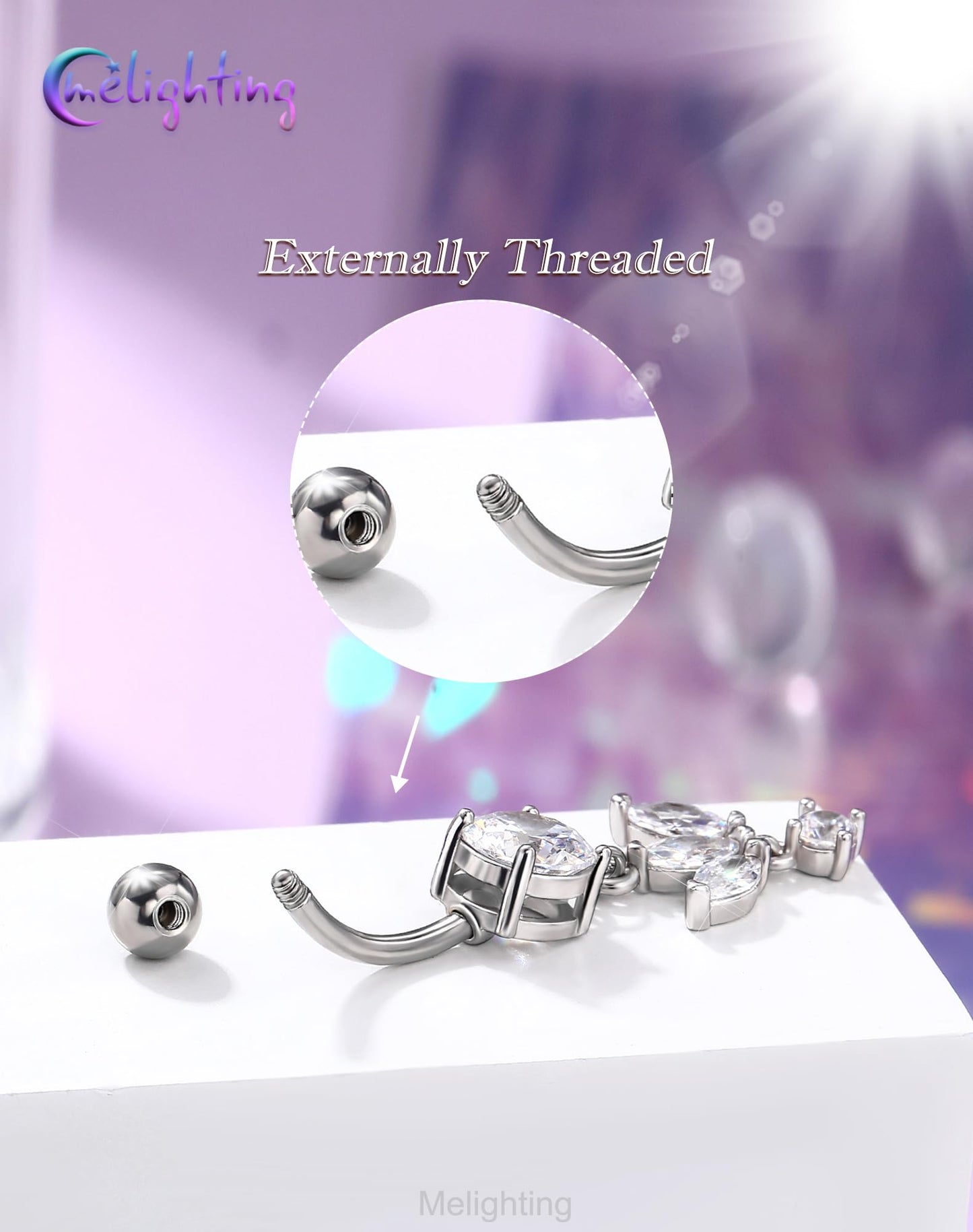 Melighting Minimalist Lotus Belly Button Ring 14G 10mm Navel Ring with Three Marquise CZ Petals and Dangling Round Zircon, 316L Stainless Steel Belly Piercing Jewelry in Silver